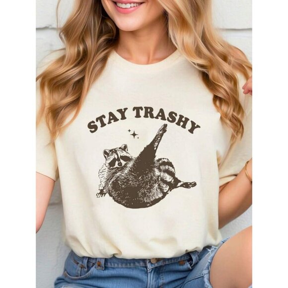 INAWLY Retro Funny Raccoon Print Short Sleeve T-Shirt Graphic Tees Women Tops - Picture 3 of 4